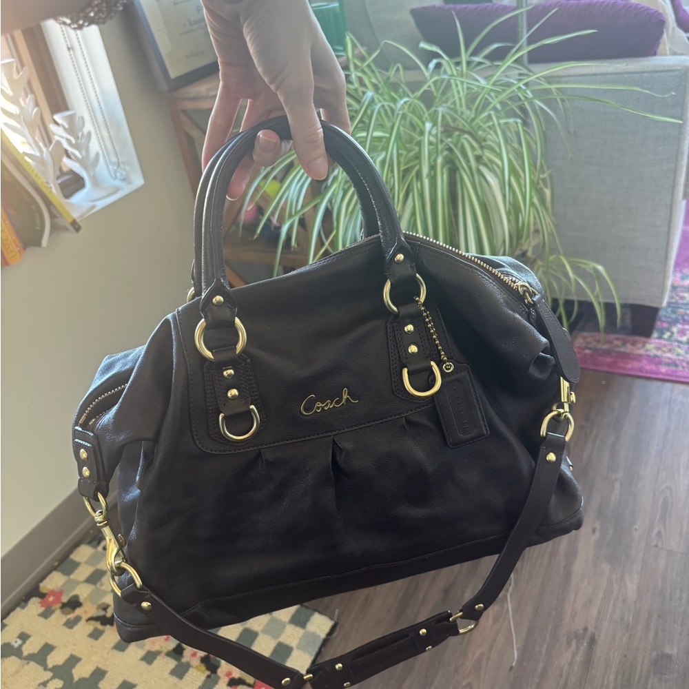 Coach Dark Brown Leather Satchel with Gold Accents